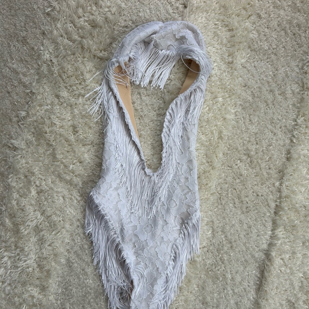Elegant White Fringe Lace Bodysuit Bathing suit